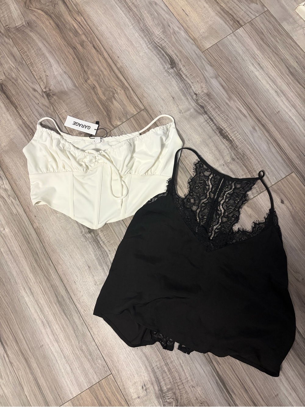 Garage White Corset-Style Crop Top and Black Lace Cami Set